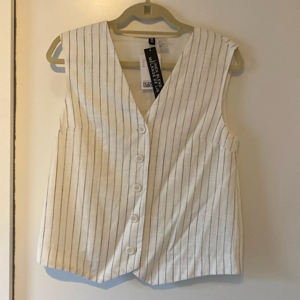H&M linen blend vest, off-white with thin black stripes. Size small.